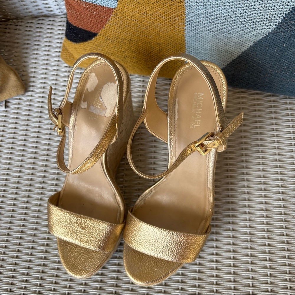 Michael Kors Metallic Gold Espadrille Wedge Sandals - Picture 2 of 6